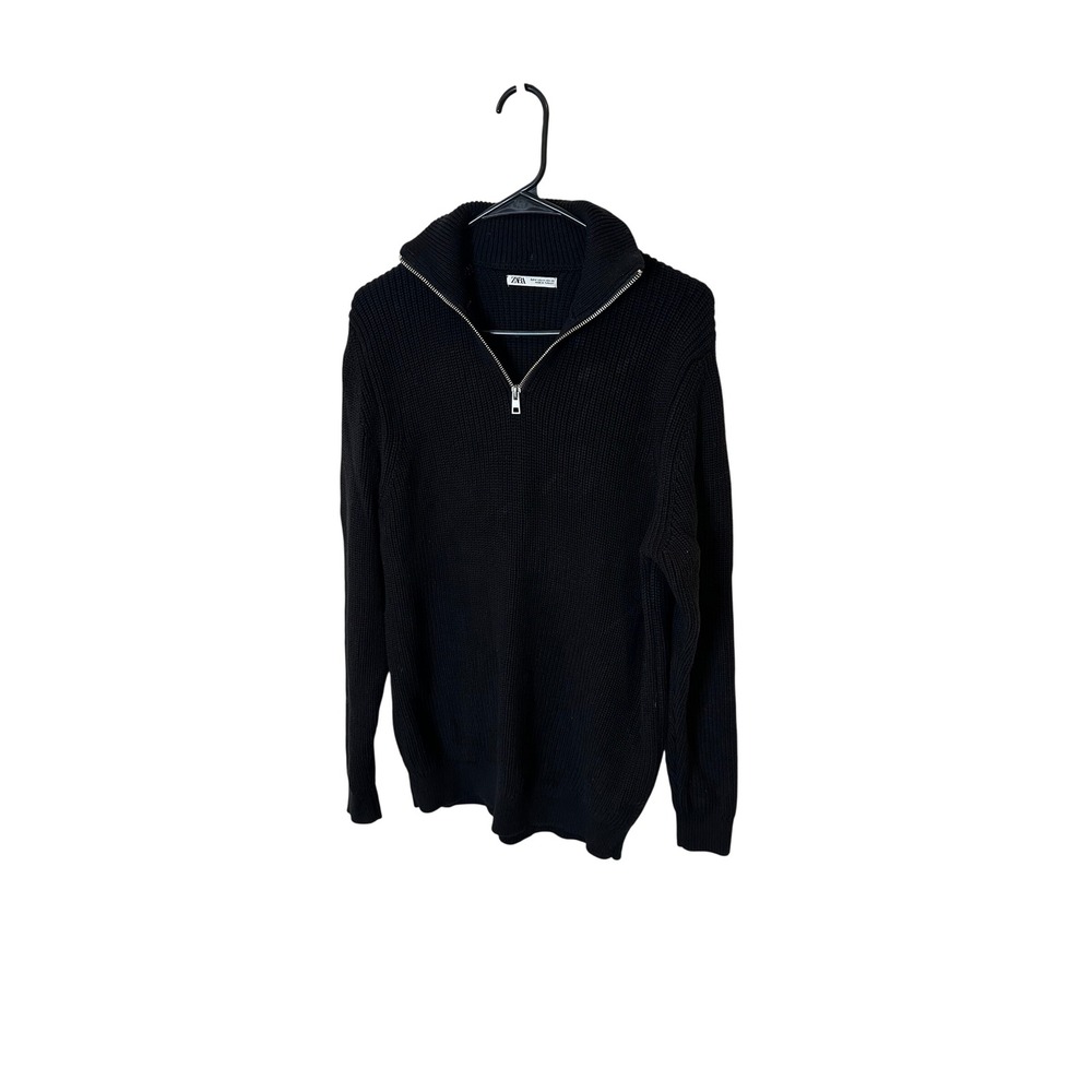 Zara Black 100% Cotton Ribbed Quarter 1/4 zip Sweater Medium